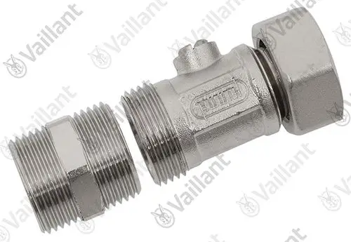 Vaillant Kugelhahn aus Metall mit einem Gewindeanschluss und einer drehbaren Armatur. Gerätetyp zur Wassersteuerung, aufgeteilt in zwei Teile.